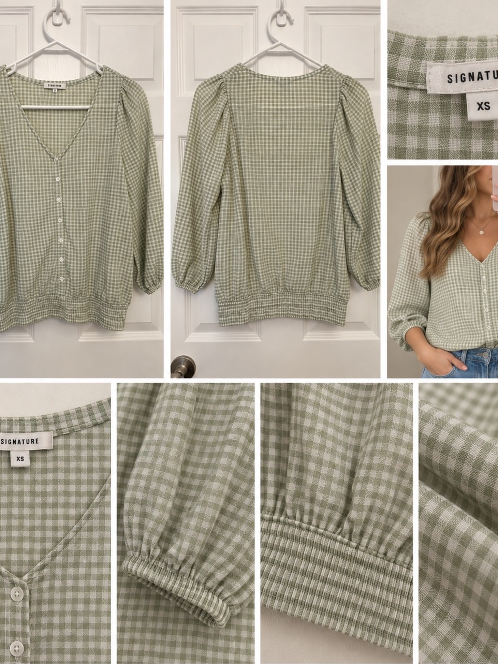 Signature Sage Green Gingham Button-Front Blouse